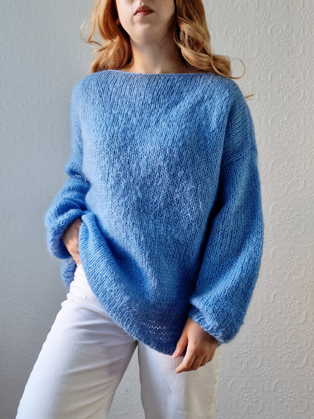 Vintage 80s Light Blue Mohair Jumper with Boat Neck - XL