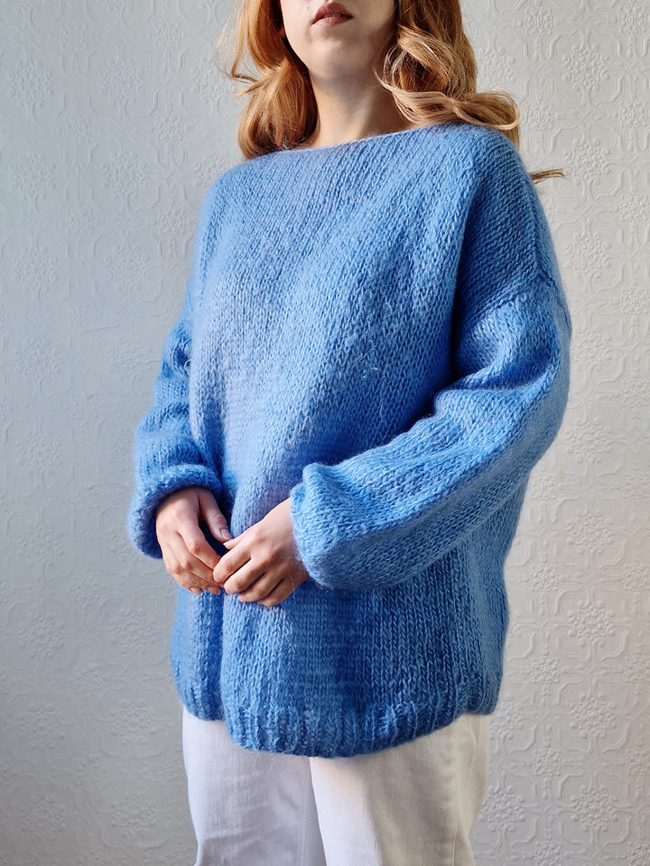 Vintage 80s Light Blue Mohair Jumper with Boat Neck - XL