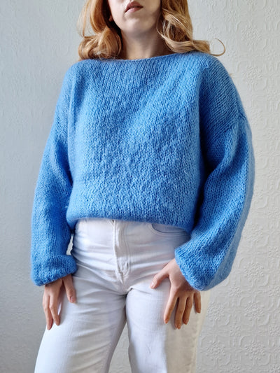 Vintage 80s Light Blue Mohair Jumper with Boat Neck - XL