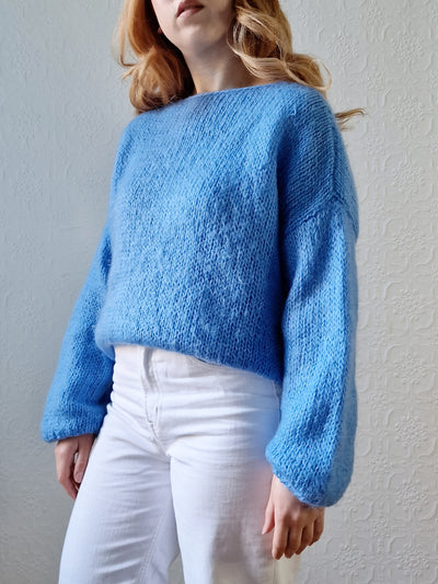 Vintage 80s Light Blue Mohair Jumper with Boat Neck - XL