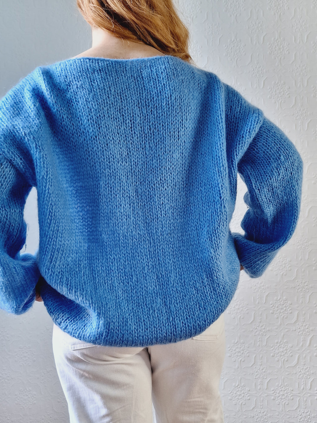 Vintage 80s Light Blue Mohair Jumper with Boat Neck - XL