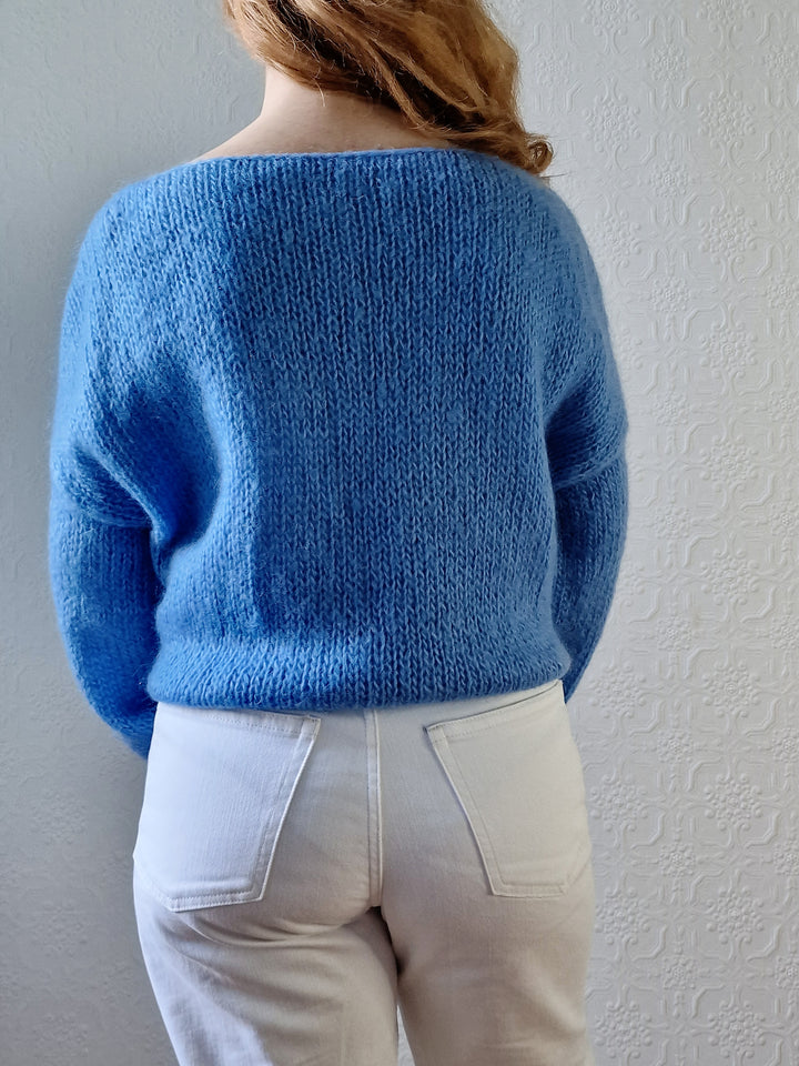 Vintage 80s Light Blue Mohair Jumper with Boat Neck - XL