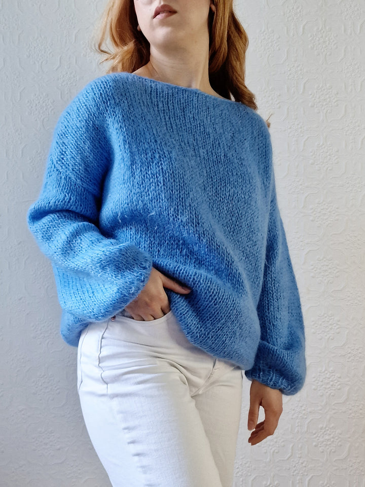 Vintage 80s Light Blue Mohair Jumper with Boat Neck - XL