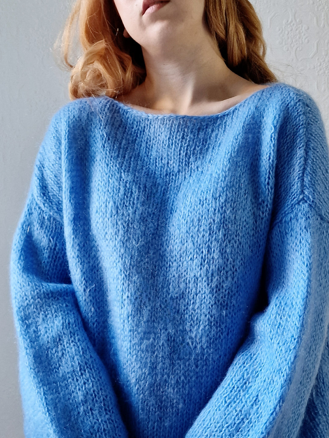 Vintage 80s Light Blue Mohair Jumper with Boat Neck - XL