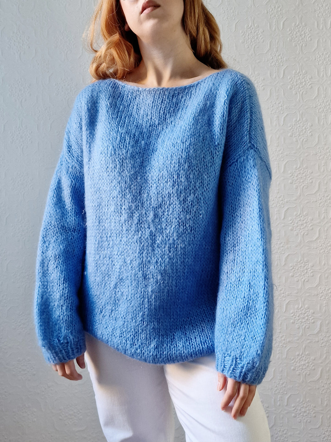 Vintage 80s Light Blue Mohair Jumper with Boat Neck - XL