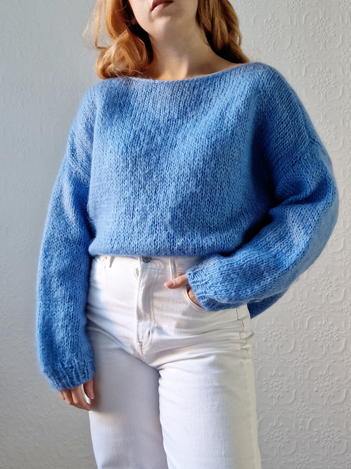 Vintage 80s Light Blue Mohair Jumper with Boat Neck - XL