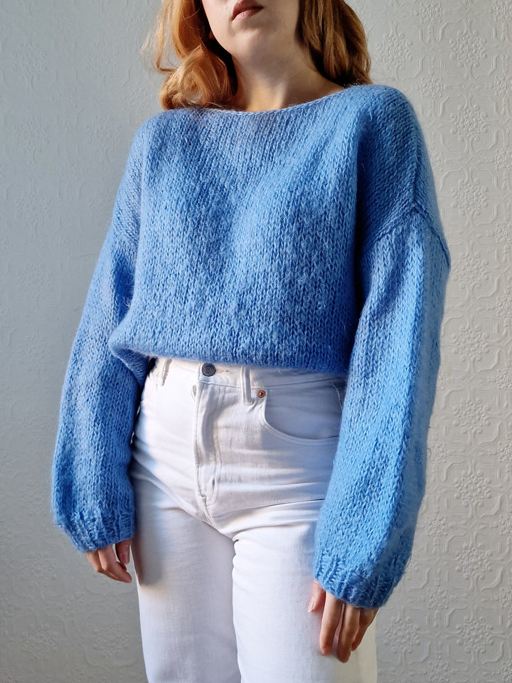 Vintage 80s Light Blue Mohair Jumper with Boat Neck - XL