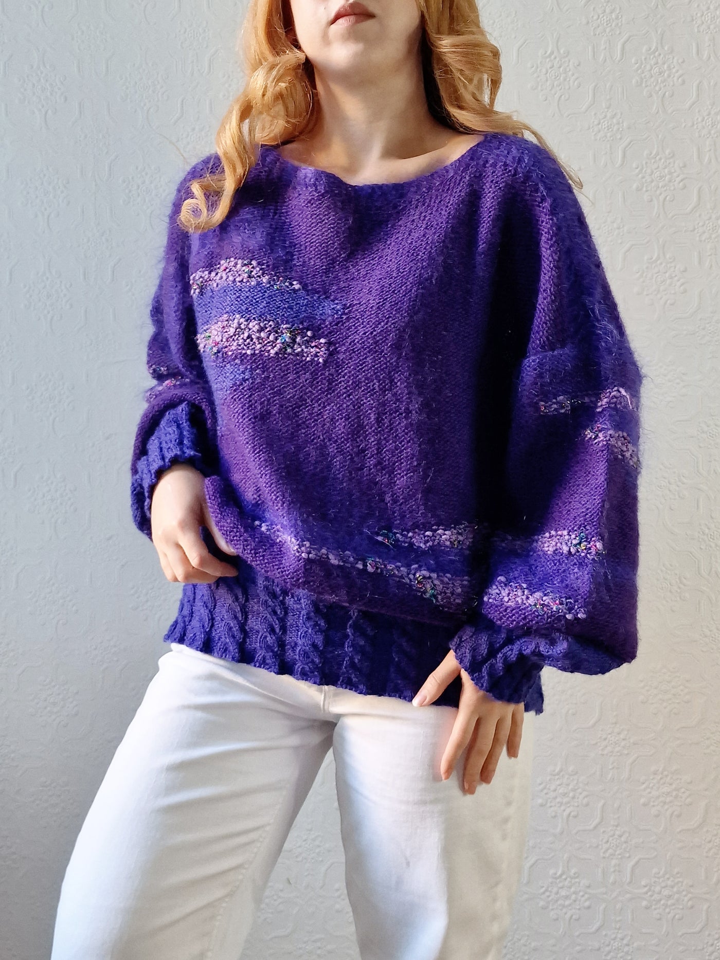 Vintage 80s Deep Purple Mohair Jumper with Boat Neck - XL