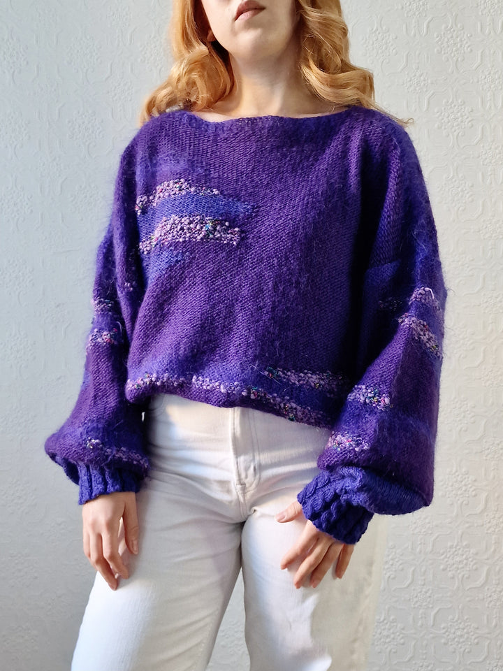 Vintage 80s Deep Purple Mohair Jumper with Boat Neck - XL