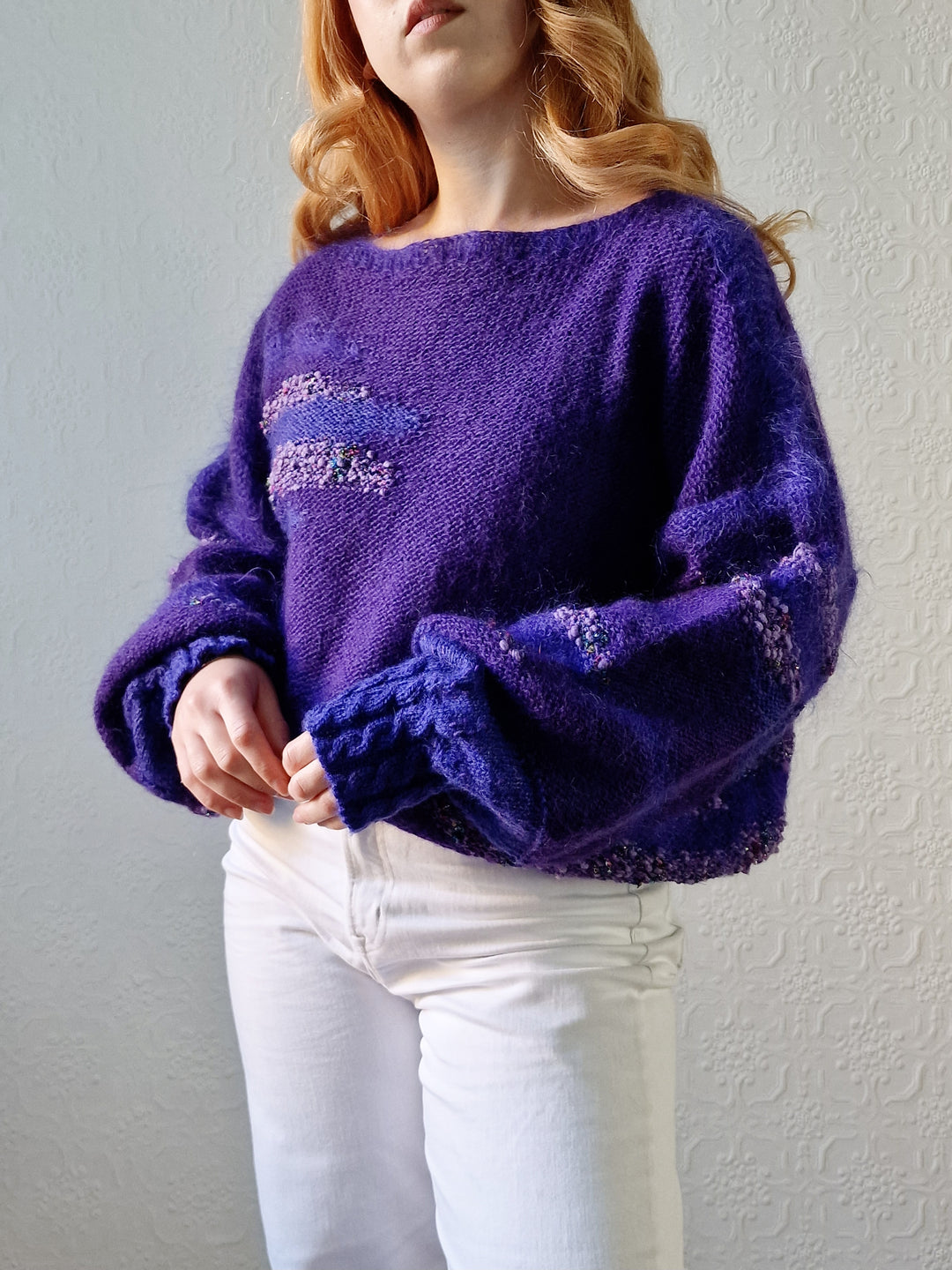 Vintage 80s Deep Purple Mohair Jumper with Boat Neck - XL