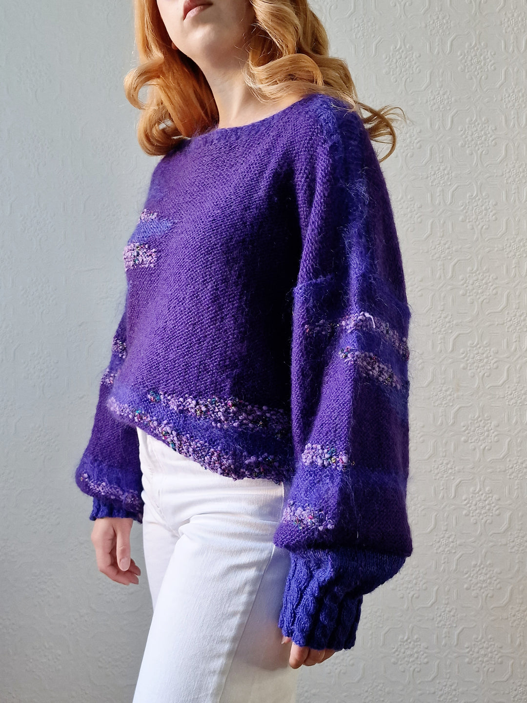 Vintage 80s Deep Purple Mohair Jumper with Boat Neck - XL