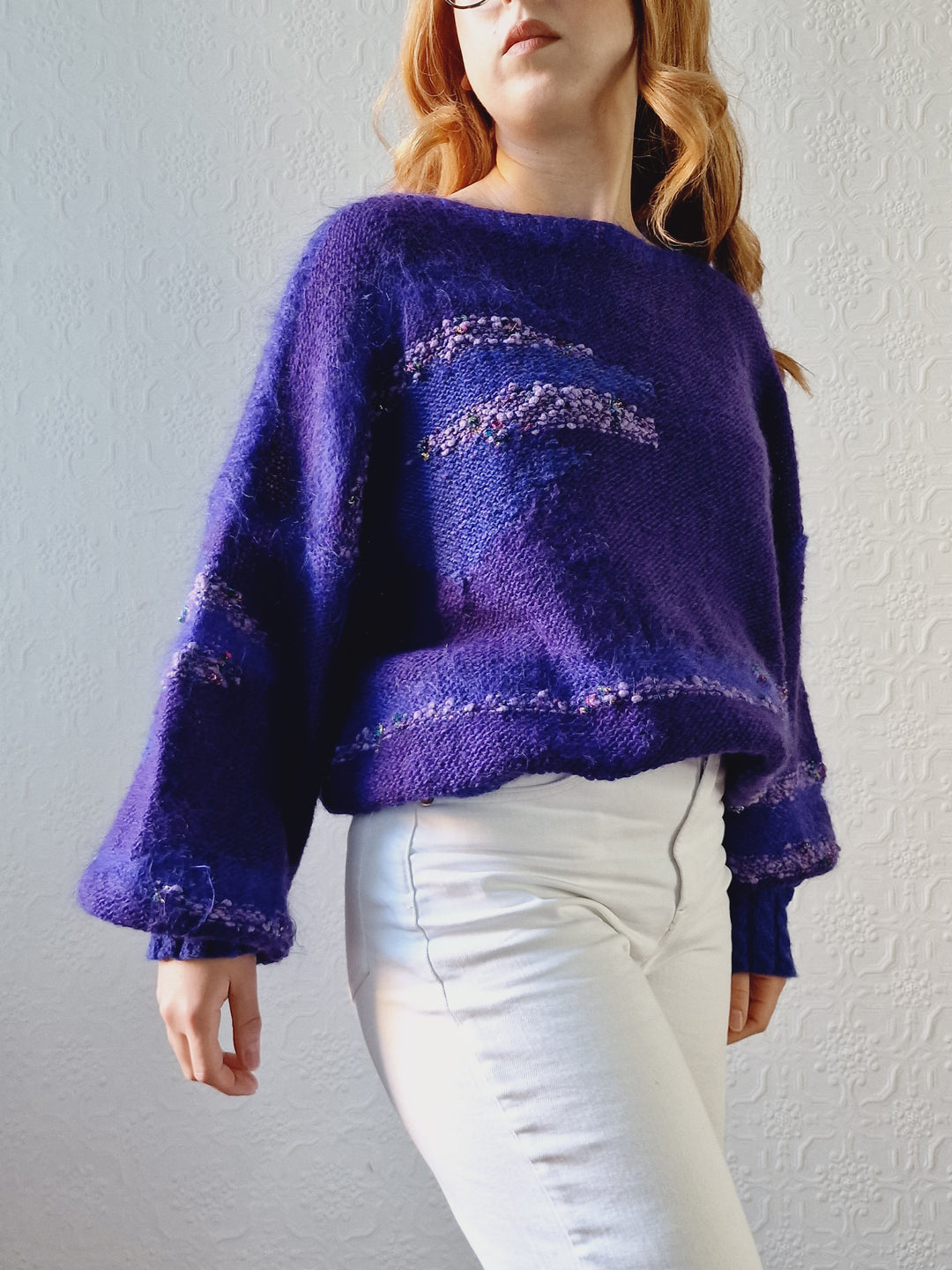 Vintage 80s Deep Purple Mohair Jumper with Boat Neck - XL