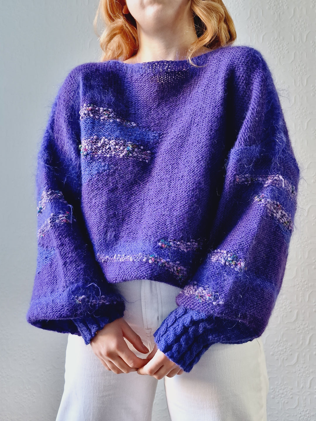 Vintage 80s Deep Purple Mohair Jumper with Boat Neck - XL