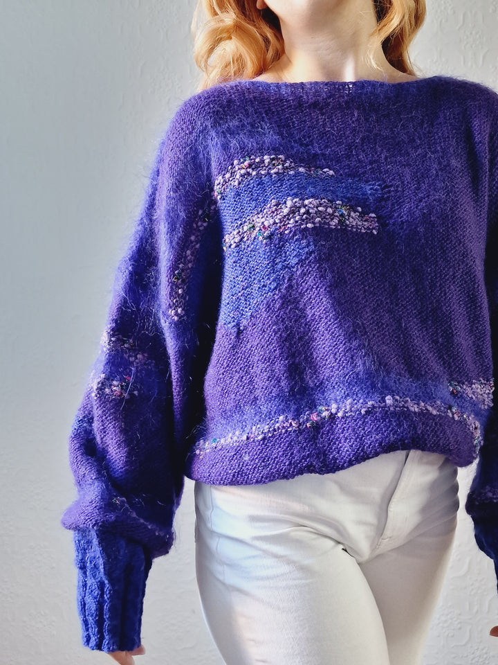 Vintage 80s Deep Purple Mohair Jumper with Boat Neck - XL