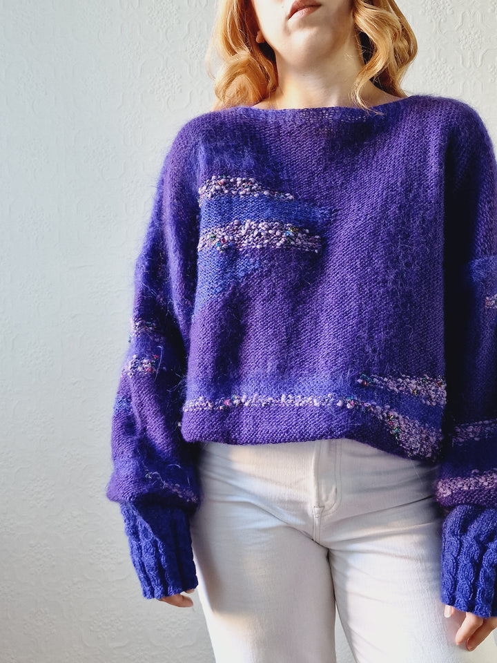 Vintage 80s Deep Purple Mohair Jumper with Boat Neck - XL