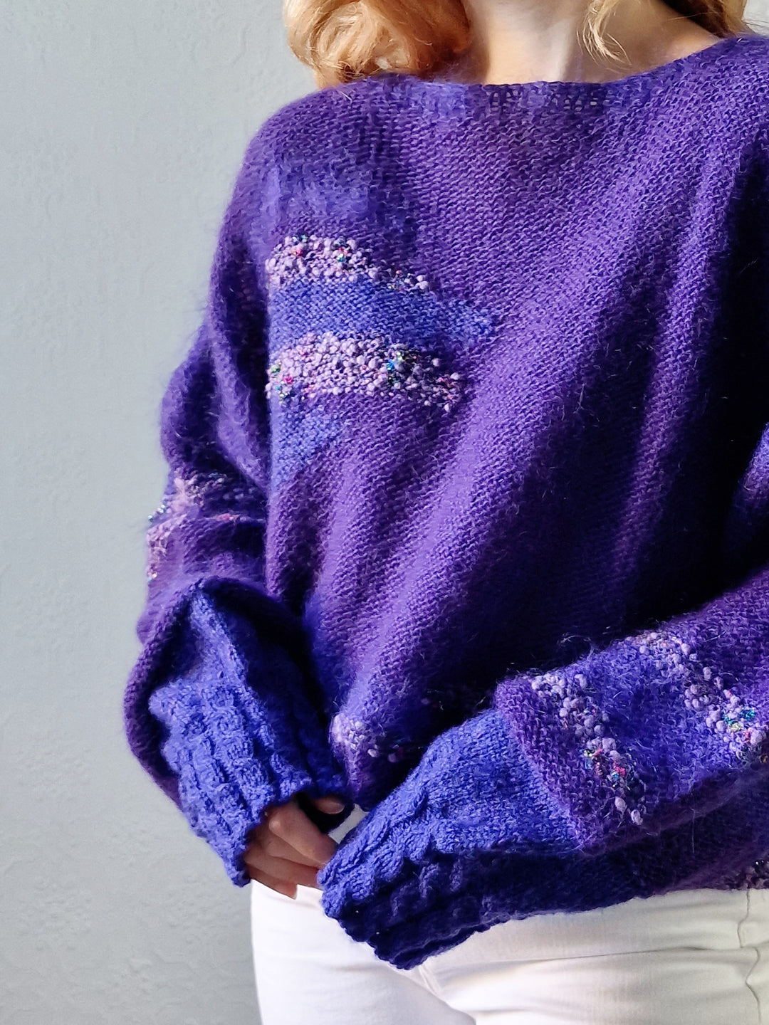 Vintage 80s Deep Purple Mohair Jumper with Boat Neck - XL