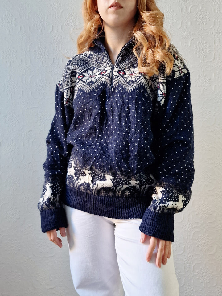 Vintage 90s Navy Norwegian Style Jumper with Half Zip - M/L