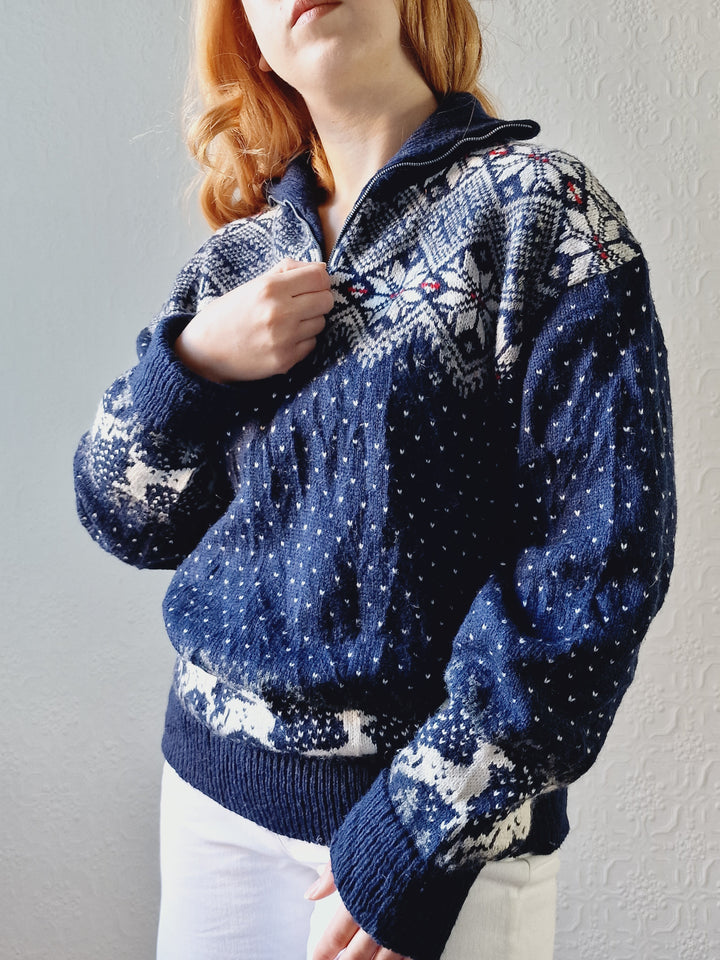 Vintage 90s Navy Norwegian Style Jumper with Half Zip - M/L