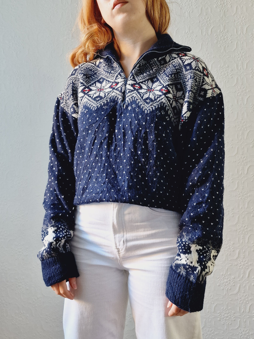 Vintage 90s Navy Norwegian Style Jumper with Half Zip - M/L