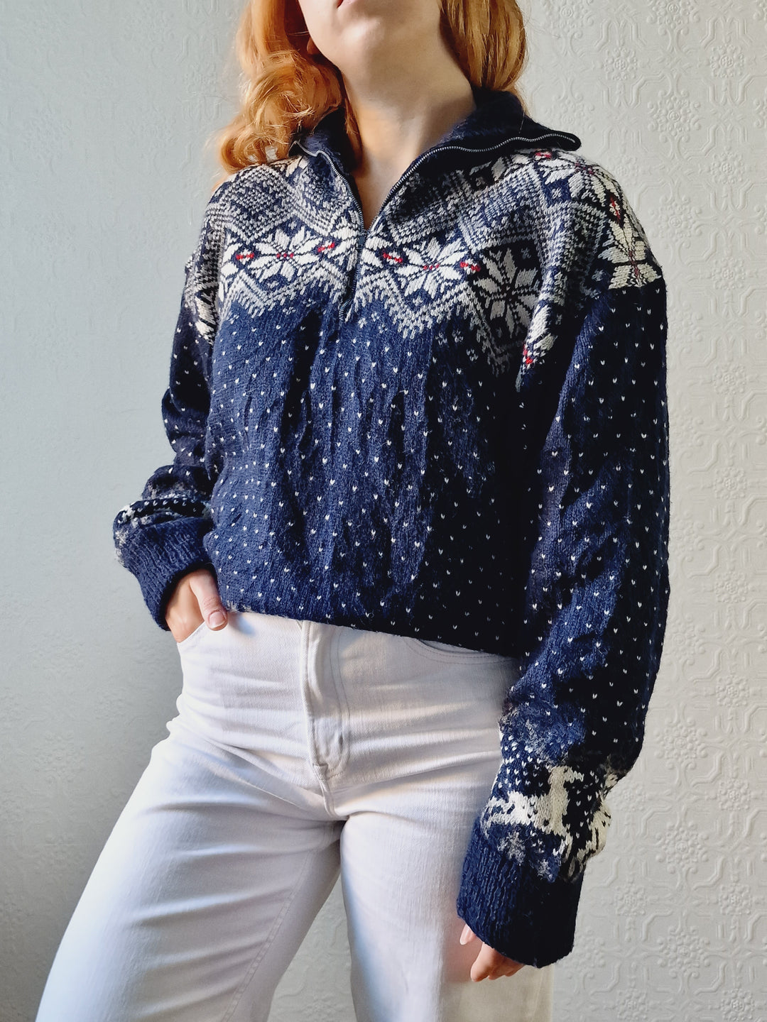 Vintage 90s Navy Norwegian Style Jumper with Half Zip - M/L