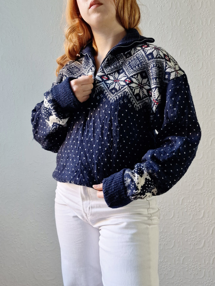 Vintage 90s Navy Norwegian Style Jumper with Half Zip - M/L