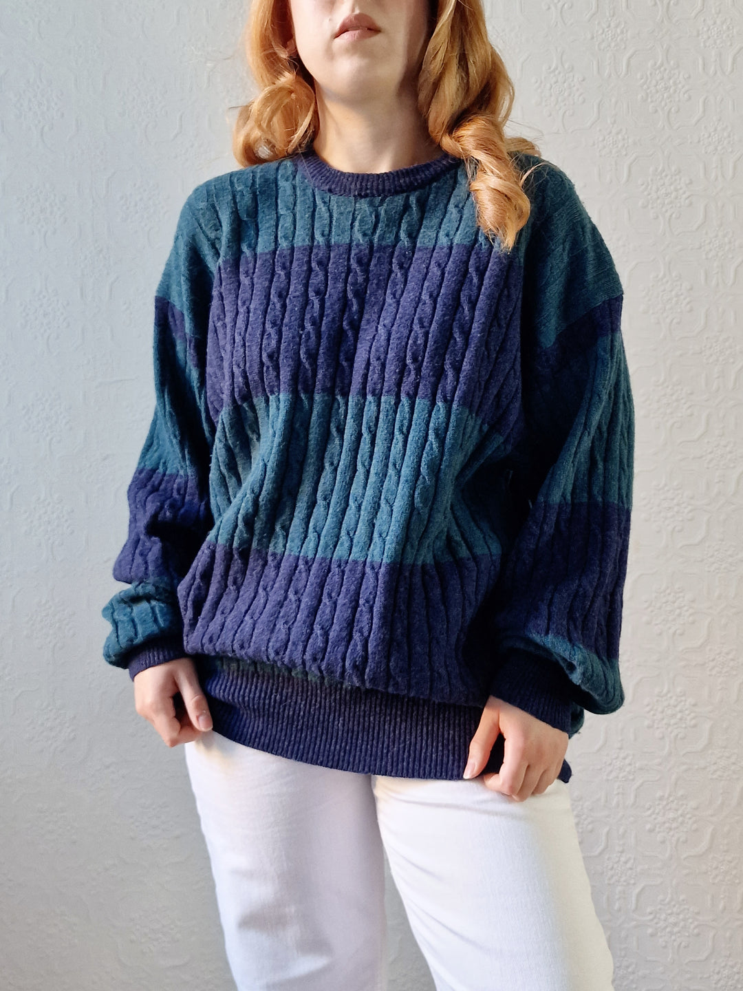 Vintage 90s Dark Green & Navy Aran Style Cable Knit Jumper with Crew Neck - XL