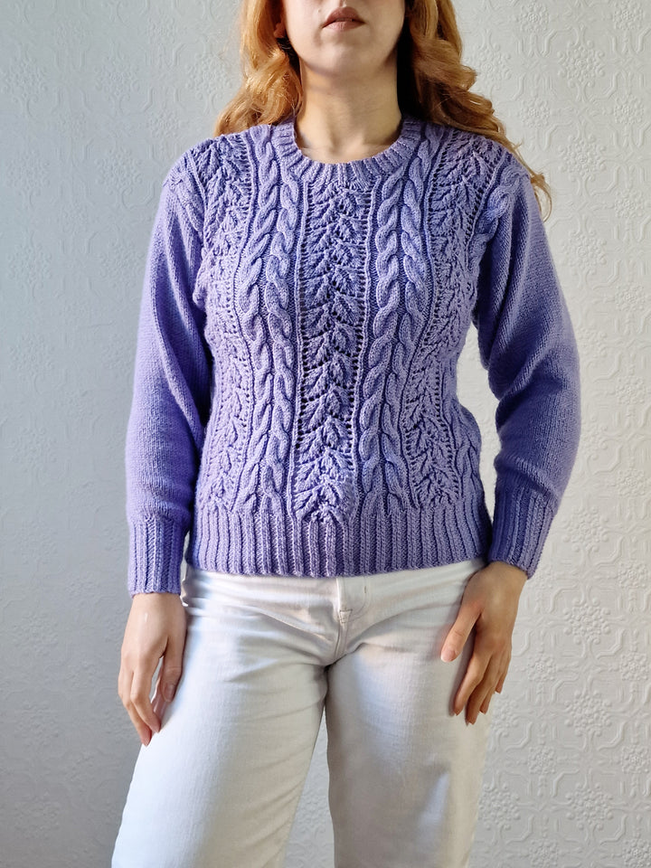 Vintage 80s Handknitted Lavender Purple Cable Knit Jumper with Crew Neck - S/M