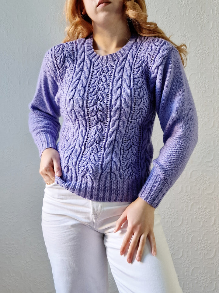 Vintage 80s Handknitted Lavender Purple Cable Knit Jumper with Crew Neck - S/M