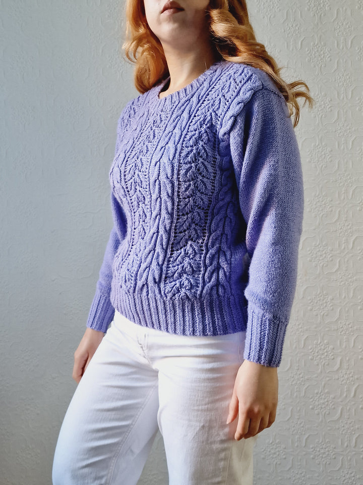 Vintage 80s Handknitted Lavender Purple Cable Knit Jumper with Crew Neck - S/M