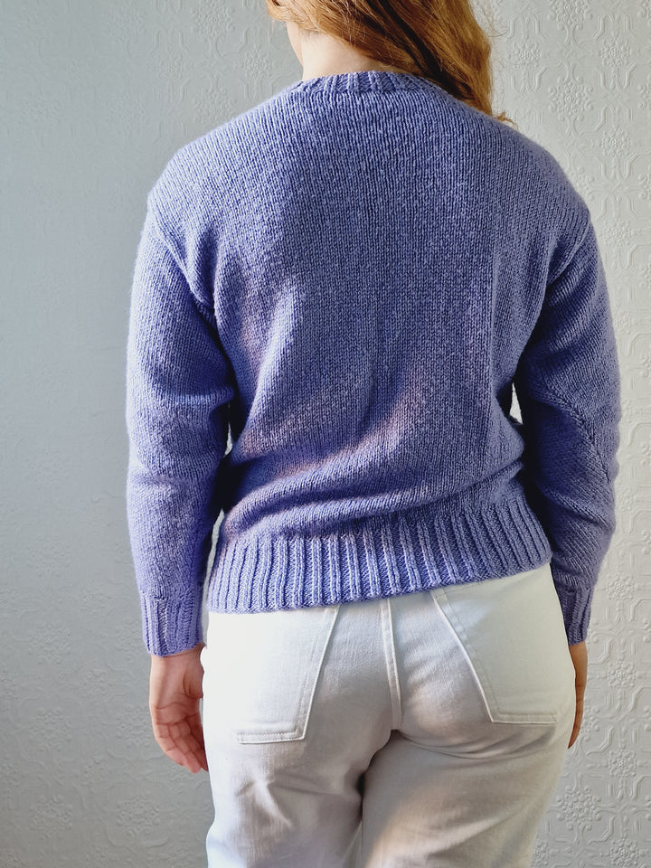 Vintage 80s Handknitted Lavender Purple Cable Knit Jumper with Crew Neck - S/M