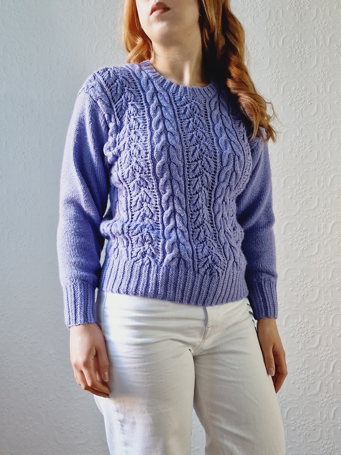 Vintage 80s Handknitted Lavender Purple Cable Knit Jumper with Crew Neck - S/M