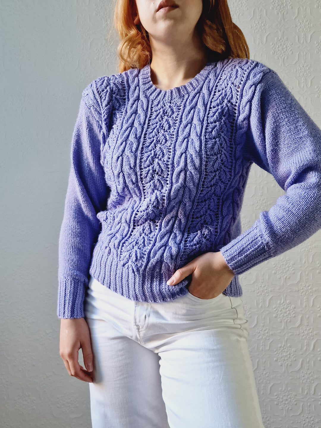 Vintage 80s Handknitted Lavender Purple Cable Knit Jumper with Crew Neck - S/M