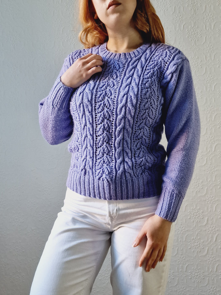 Vintage 80s Handknitted Lavender Purple Cable Knit Jumper with Crew Neck - S/M