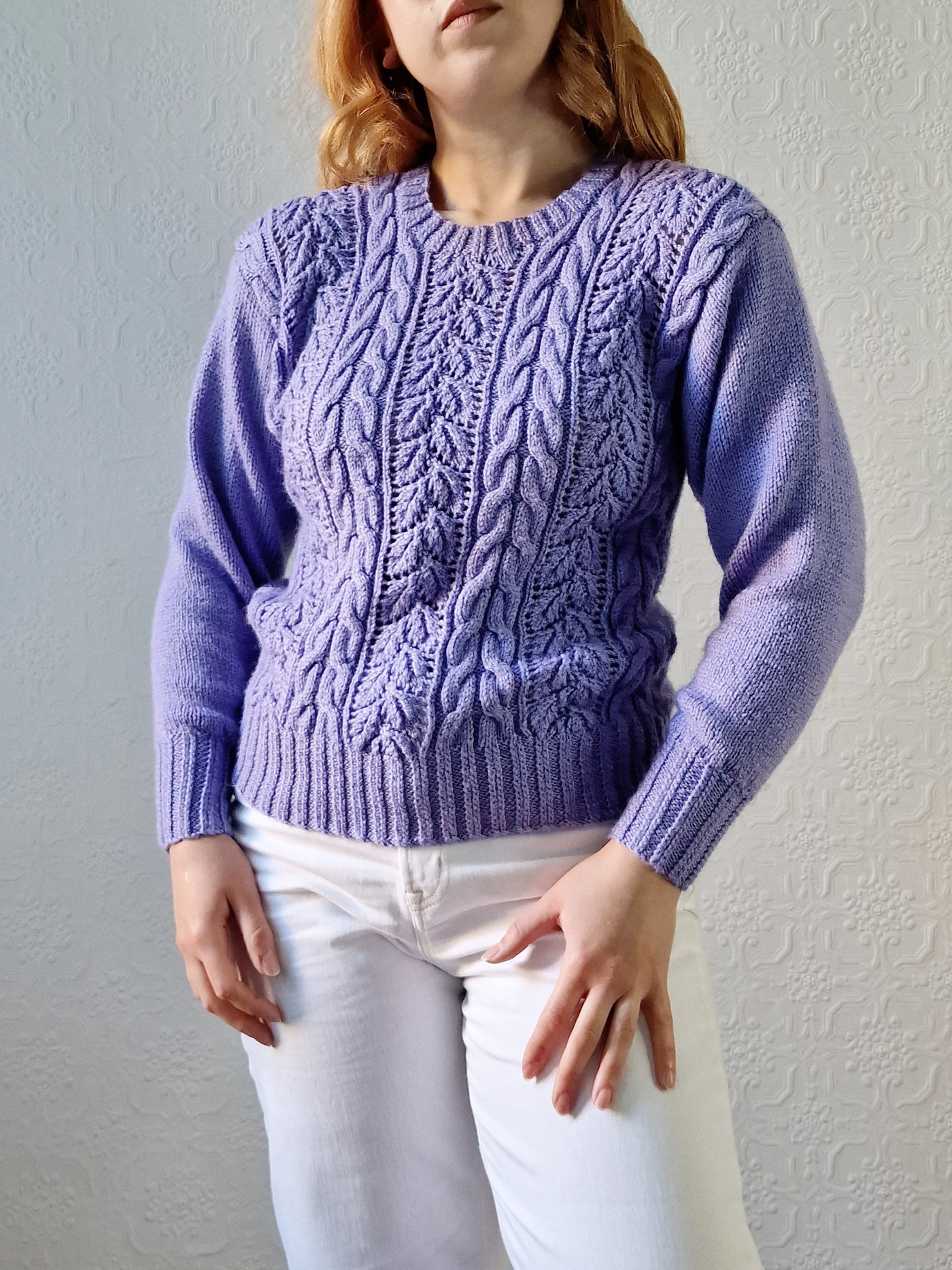 Vintage 80s Handknitted Lavender Purple Cable Knit Jumper with Crew Neck - S/M