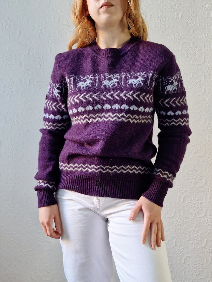 Vintage 90s Purple Crew Neck Norwegian Style Jumper - S