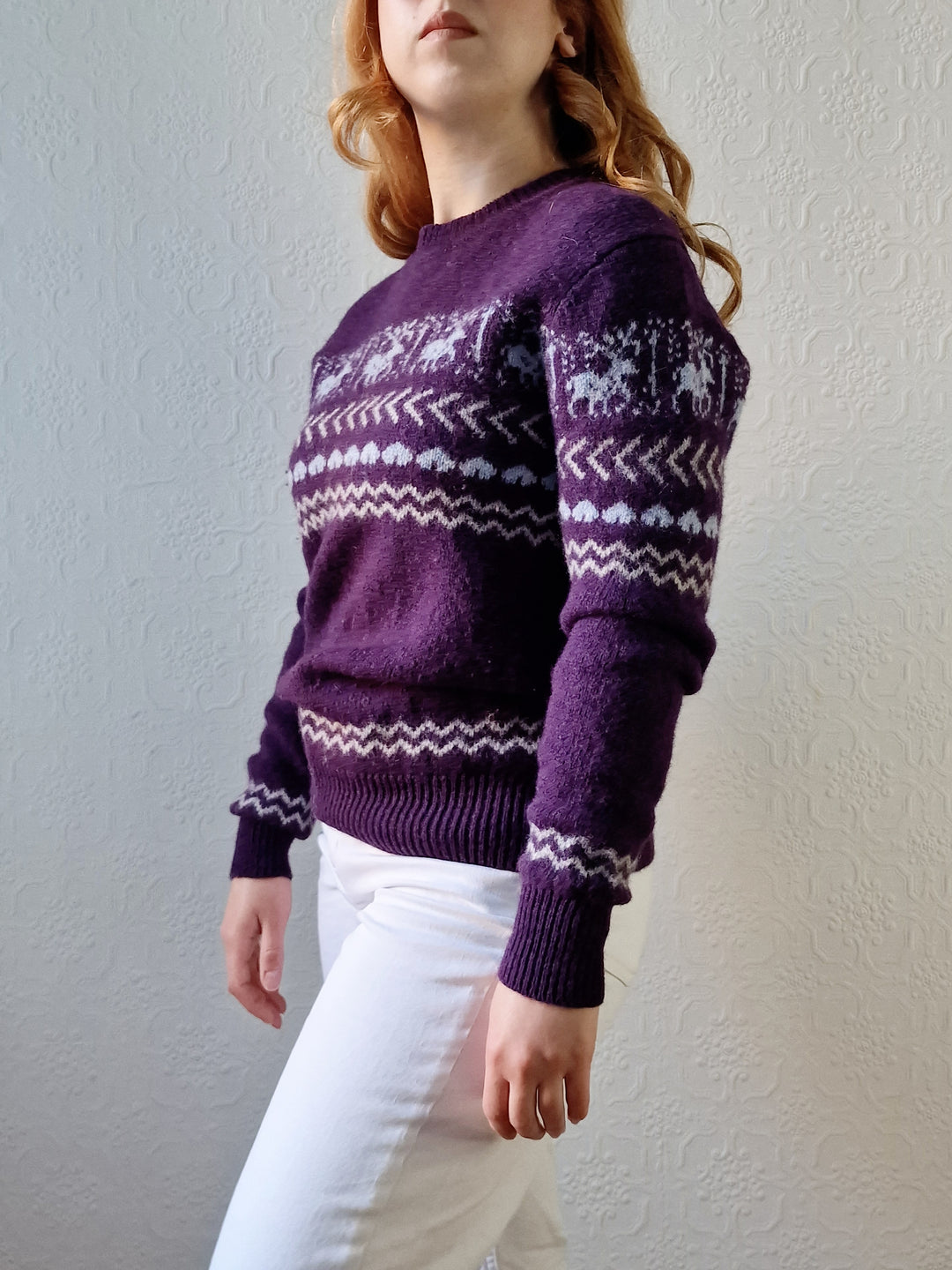 Vintage 90s Purple Crew Neck Norwegian Style Jumper - S