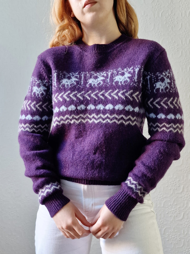 Vintage 90s Purple Crew Neck Norwegian Style Jumper - S