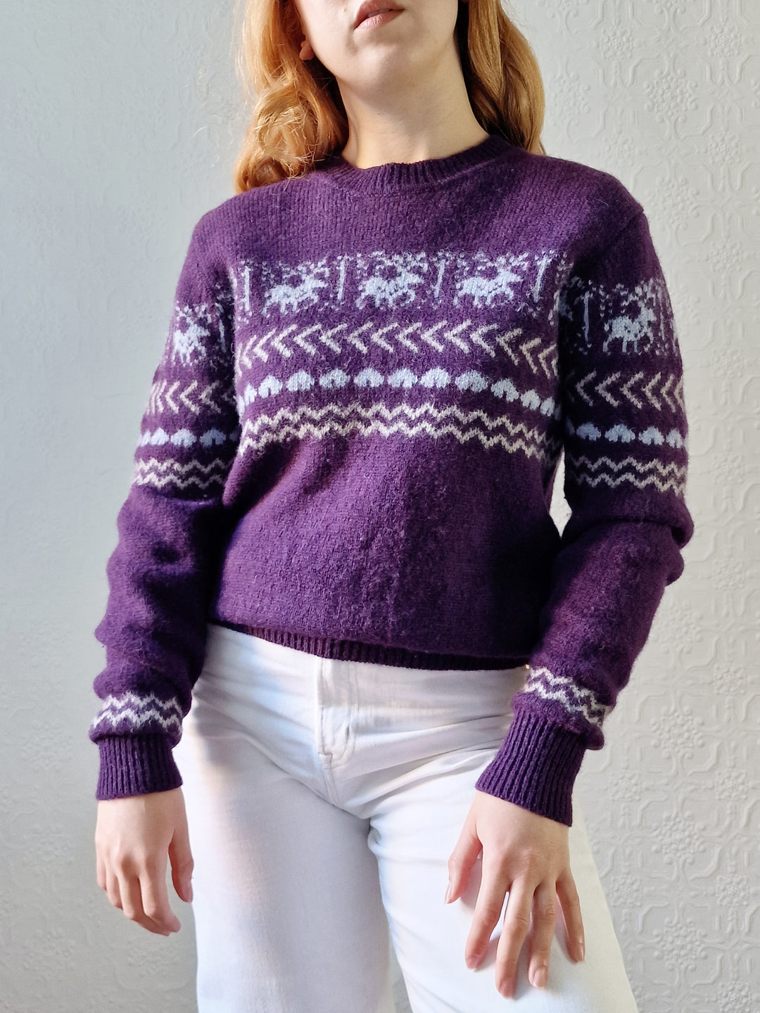 Vintage 90s Purple Crew Neck Norwegian Style Jumper - S