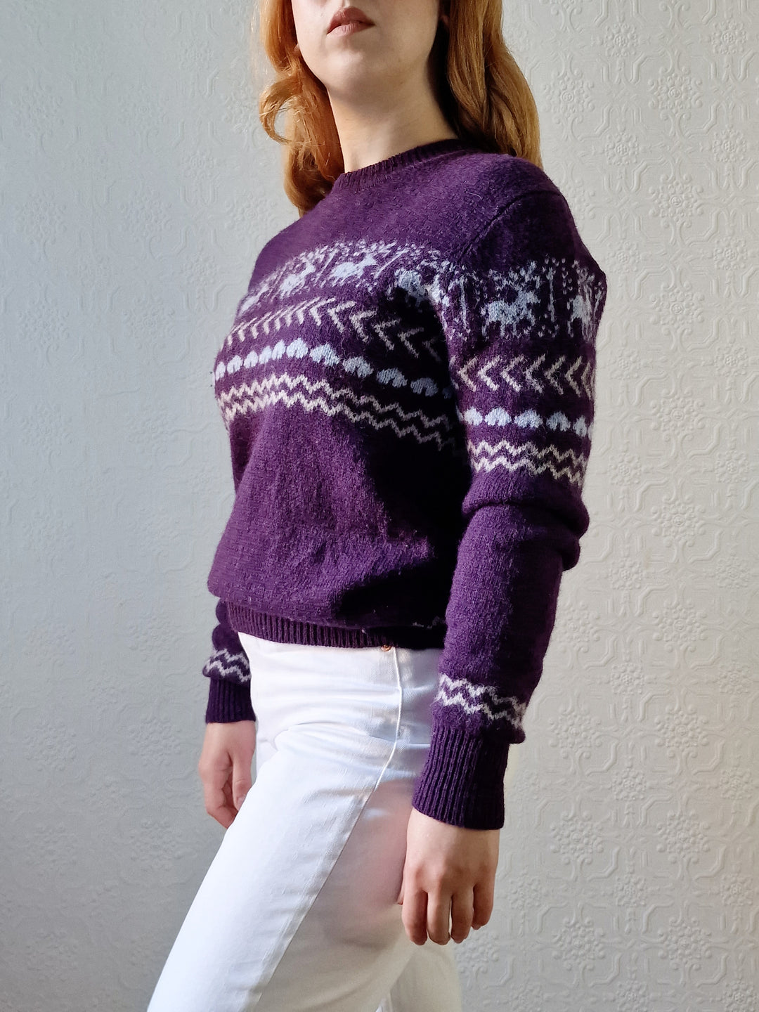 Vintage 90s Purple Crew Neck Norwegian Style Jumper - S