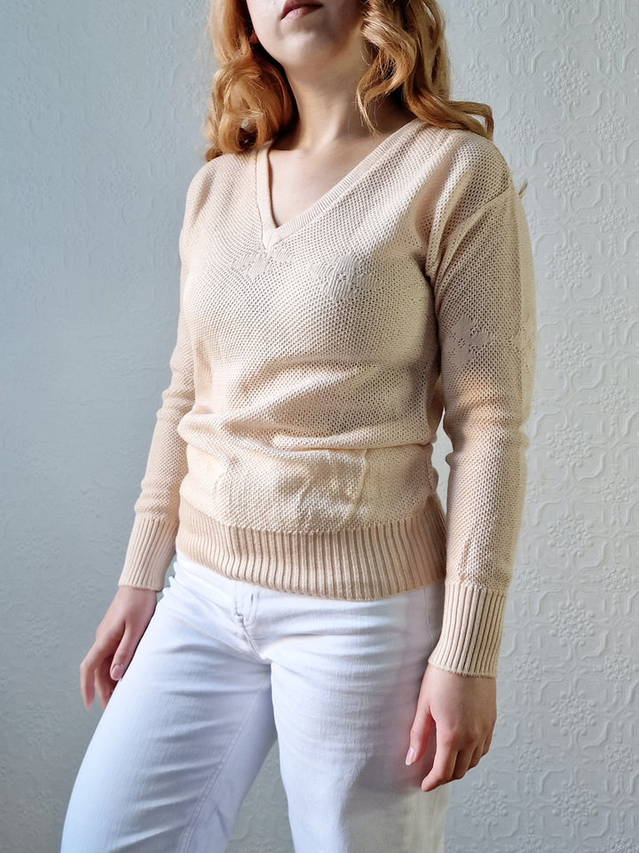 Vintage 70s Light Beige V-Neck Knitted Jumper - XS/S