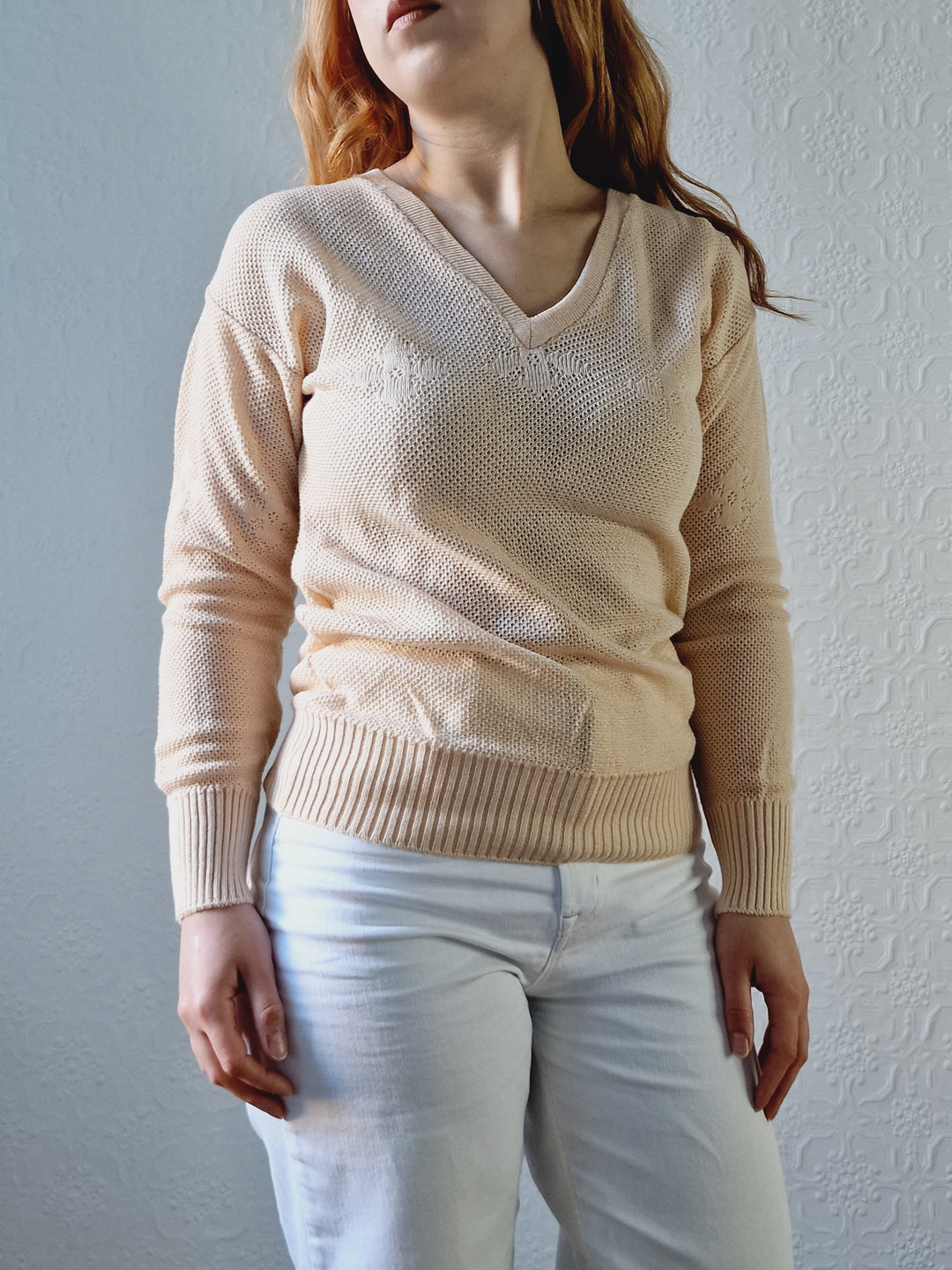 Vintage 70s Light Beige V-Neck Knitted Jumper - XS/S