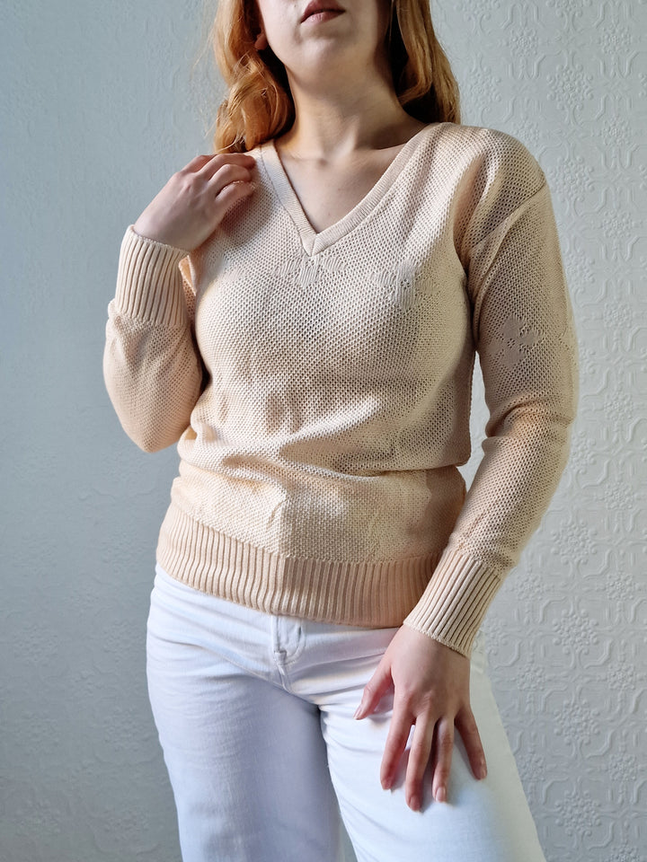 Vintage 70s Light Beige V-Neck Knitted Jumper - XS/S