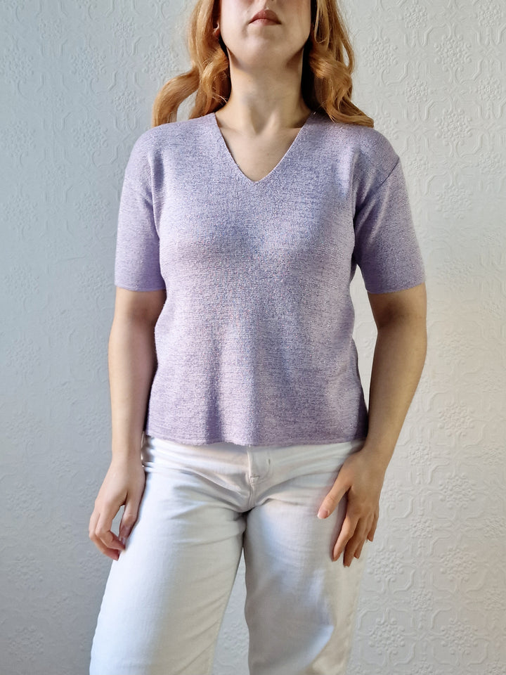 Vintage 90s Lilac Purple V-Neck Knitted Lurex Top with Short Sleeves - S/M