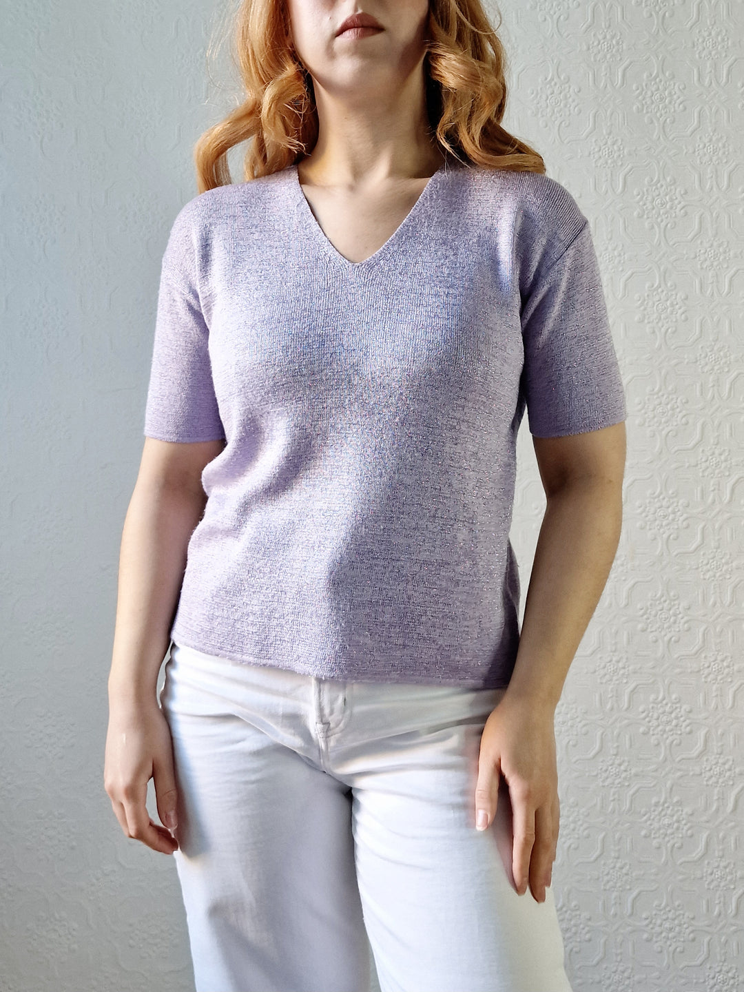 Vintage 90s Lilac Purple V-Neck Knitted Lurex Top with Short Sleeves - S/M