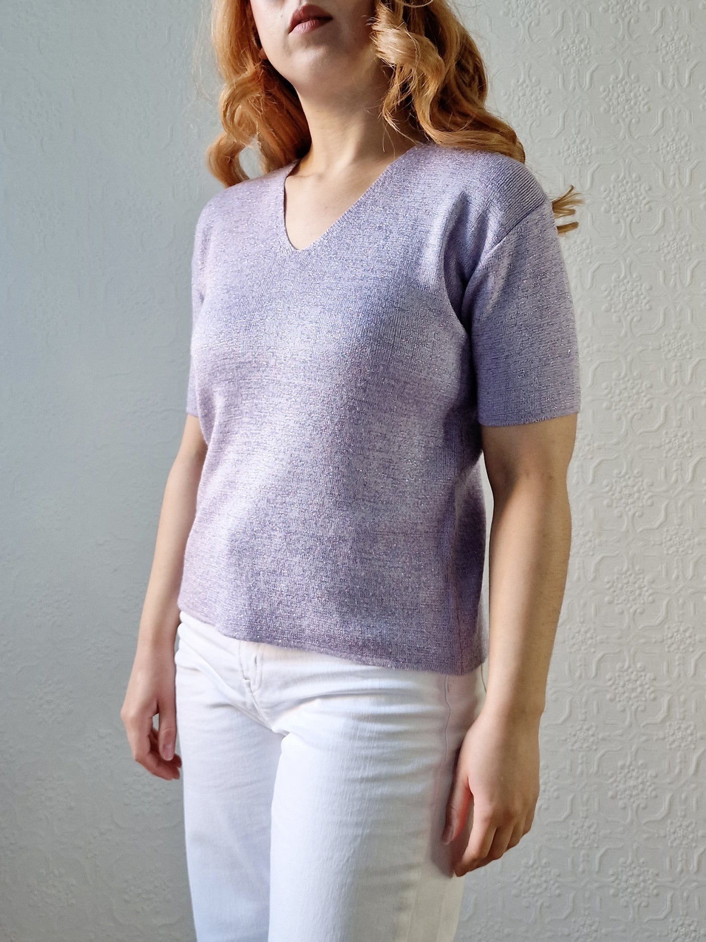 Vintage 90s Lilac Purple V-Neck Knitted Lurex Top with Short Sleeves - S/M