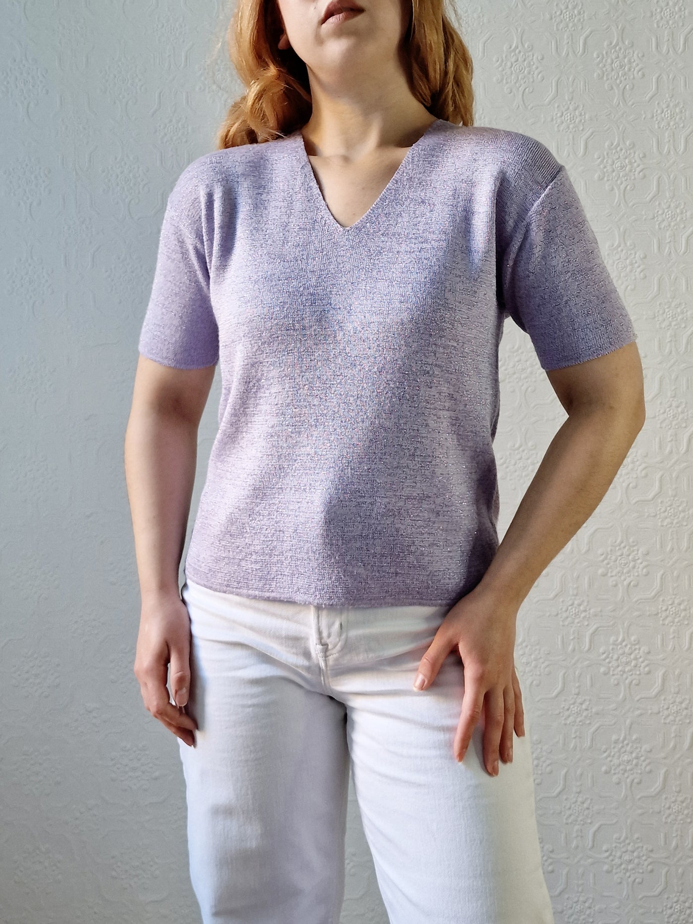 Vintage 90s Lilac Purple V-Neck Knitted Lurex Top with Short Sleeves - S/M