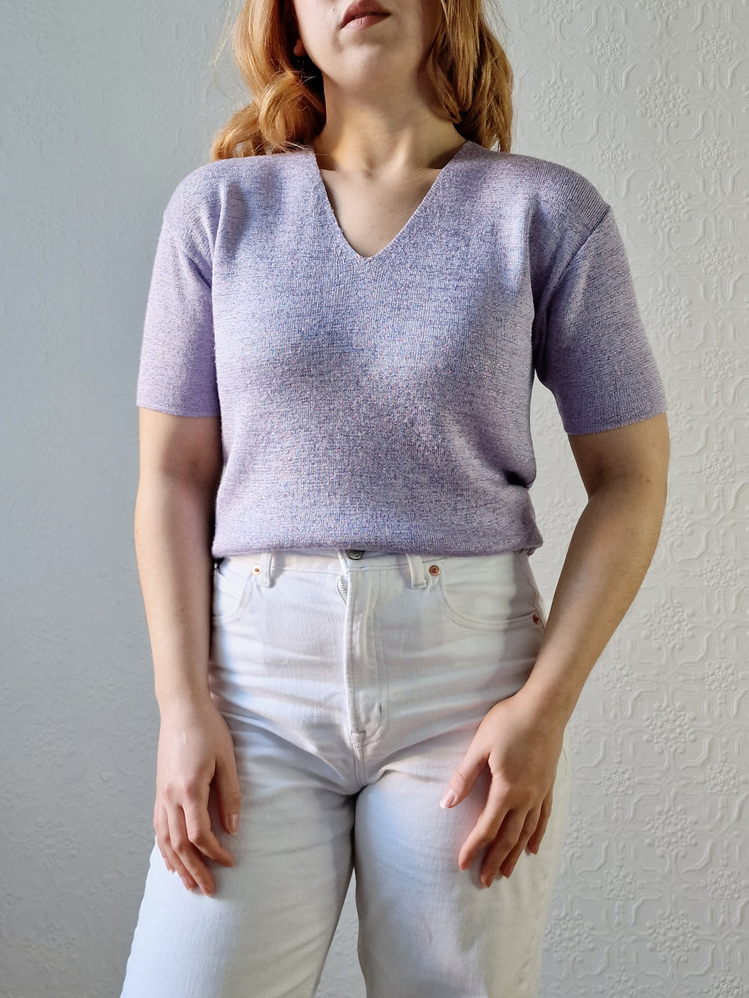 Vintage 90s Lilac Purple V-Neck Knitted Lurex Top with Short Sleeves - S/M