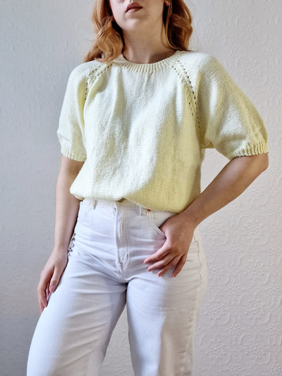 Vintage 80s Lemon Yellow Round Neck Handknitted Jumper Top with Short Sleeves - S/M