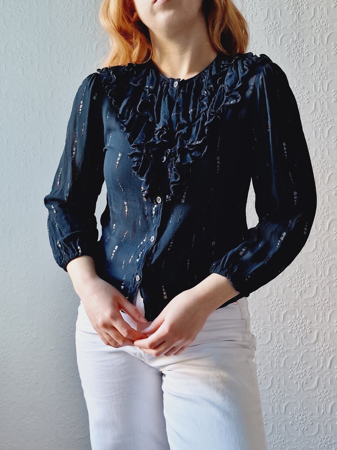 Vintage 80s Sheer Black 3/4 Sleeve Blouse with Frilly Collar - XS