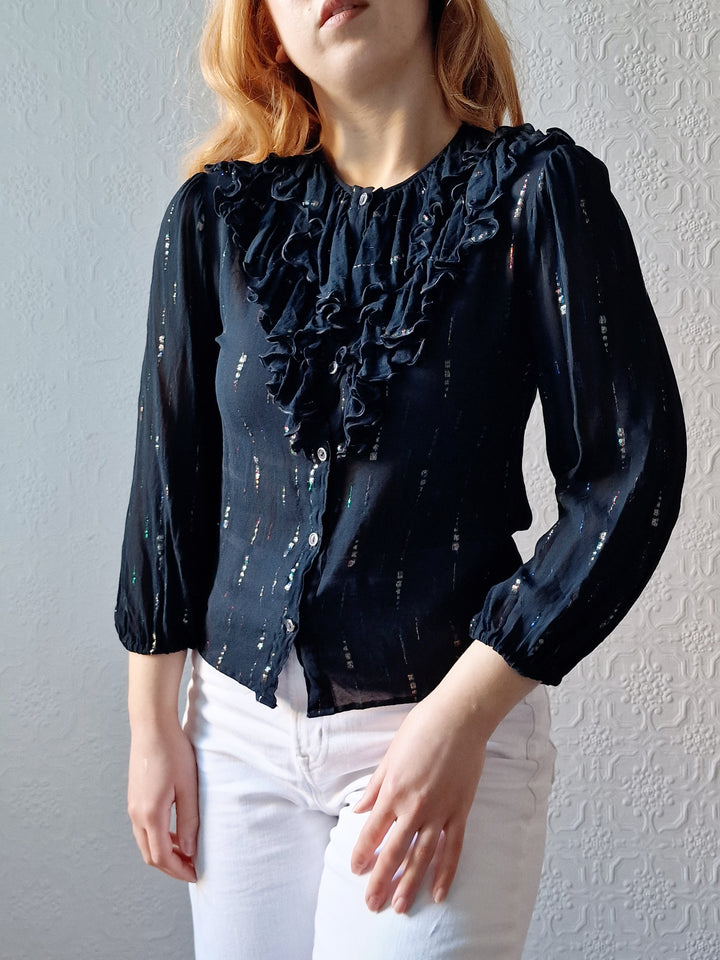 Vintage 80s Sheer Black 3/4 Sleeve Blouse with Frilly Collar - XS